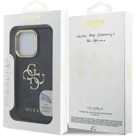 Guess PU 4G Metal Logo Stand Camera Frame kryt iPhone 16 Pro černý