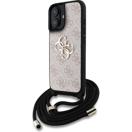 Guess PU 4G Metal Logo Crossbody Popruh kryt iPhone 16 růžový