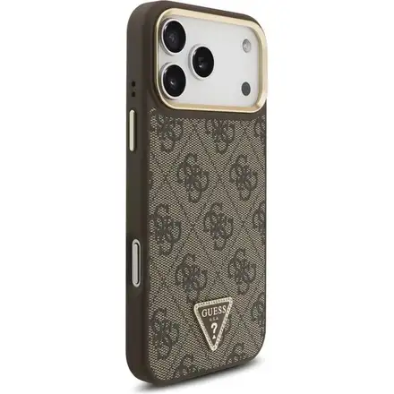 Guess PU Leather 4G Strass Triangle Logo Gold Frame MagSafe kryt iPhone 17 Pro Max hnědý