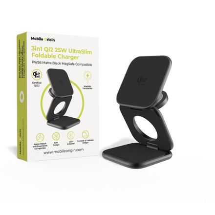 Mobile Origin 3in1 Qi2 25W UltraSlim Foldable Charger PW36 MagSafe Compatible - Matte Black