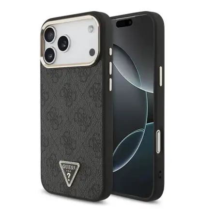 Guess PU Leather 4G Strass Triangle Logo Gold Frame MagSafe kryt iPhone 18 Pro Max černý