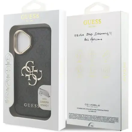 Guess PU 4G Metal Logo Stand Camera Frame kryt iPhone 16 černý