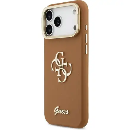 Guess PU Grained 4G Logo Stand Camera Frame kryt iPhone 17 Pro hnědý