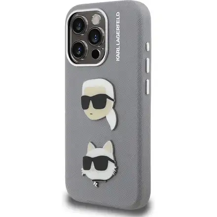 Karl Lagerfeld Grained PU K&CH Heads kryt iPhone 15 Pro Max šedý