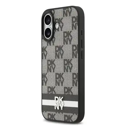 DKNY PU Leather Checkered Pattern and Stripe kryt iPhone 17 černý.