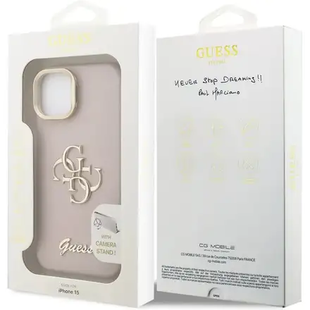 Guess PU Grained 4G Logo Stand Camera Frame kryt iPhone 15 růžový