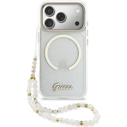 Guess IML Glitter Script Strap MagSafe kryt iPhone 17 Pro bílý