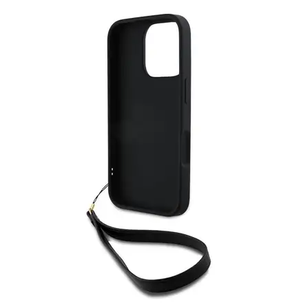 DKNY Leather Stack Logo Wrist Strap kryt iPhone 16 Pro Max černý