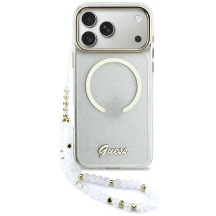 Guess IML Glitter Script Strap MagSafe kryt iPhone 17 Pro Max bílý