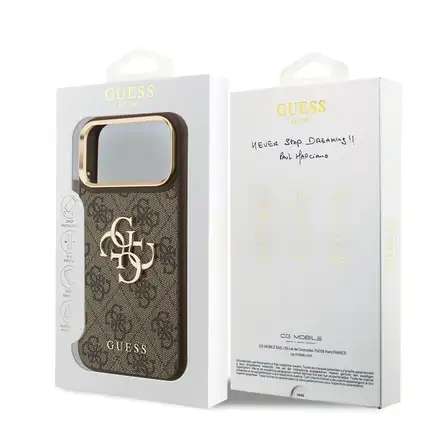 Guess PU Leather 4G Metal Logo Gold Frame kryt iPhone 18 Pro Max hnědý