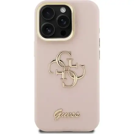 Guess PU Grained 4G Logo Stand Camera Frame kryt iPhone 15 Pro růžový