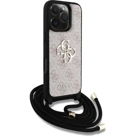 Guess PU 4G Metal Logo Crossbody Popruh kryt iPhone 16 Pro Max růžový