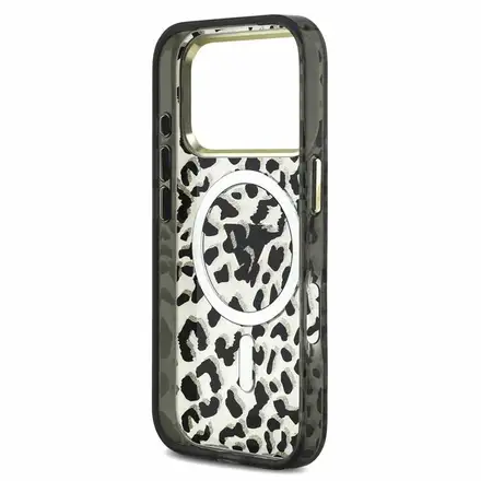 Guess IML Glitter Leopard Triangle Logo MagSafe kryt iPhone 18 Pro černý