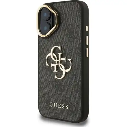 Guess PU 4G Metal Logo Stand Camera Frame kryt iPhone 16 černý