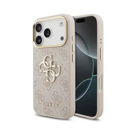 Guess PU Leather 4G Metal Logo Gold Frame kryt iPhone 18 Pro růžový
