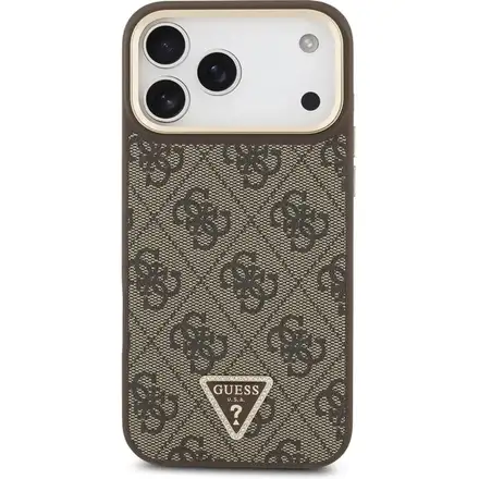 Guess PU Leather 4G Strass Triangle Logo Gold Frame MagSafe kryt iPhone 17 Pro Max hnědý