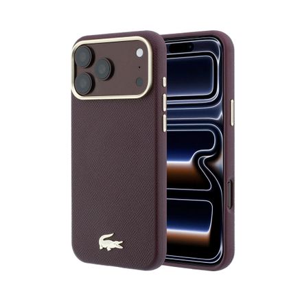 Lacoste PU Leather Champs Elysees Gold Logo MagSafe kryt iPhone 18 Pro burgundy