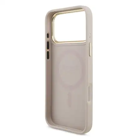Guess PU Leather 4G Strass Triangle Logo Gold Frame MagSafe kryt iPhone 18 Pro Max růžový