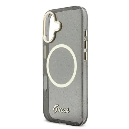 Guess IML Glitter Script Strap MagSafe kryt iPhone 17 černý