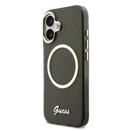 Guess IML Glitter Script Strap MagSafe kryt iPhone 17 černý