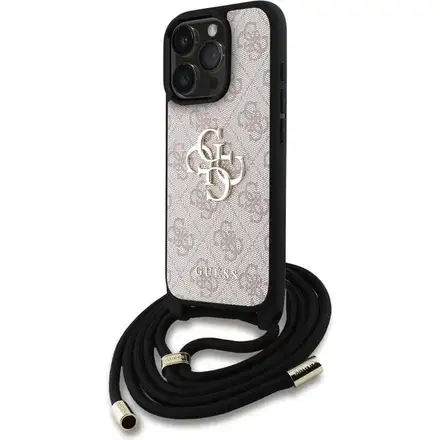 Guess PU 4G Metal Logo Crossbody Popruh kryt iPhone 16 Pro Max růžový