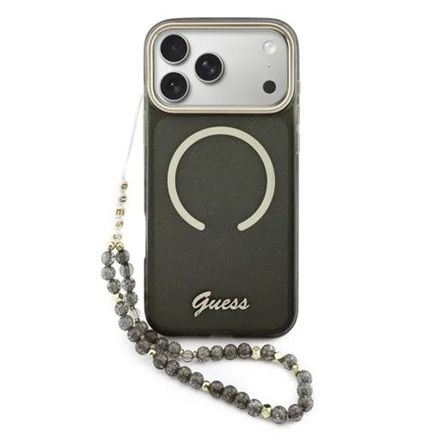 Guess IML Glitter Script Strap MagSafe kryt iPhone 17 Pro černý