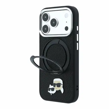 Karl Lagerfeld PU Grained K&CH Heads Ring Stand Magsafe kryt iPhone 18 Pro Max černá