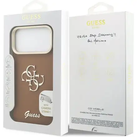 Guess PU Grained 4G Logo Stand Camera Frame kryt iPhone 17 Pro hnědý