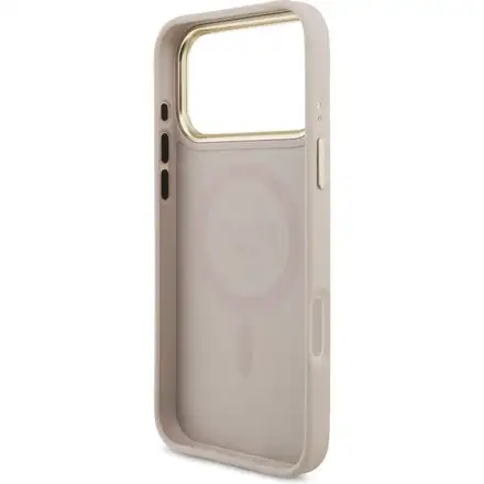 Guess PU Leather 4G Strass Triangle Logo Gold Frame MagSafe kryt iPhone 17 Pro růžový