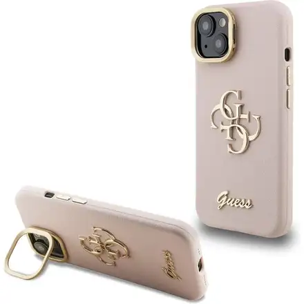 Guess PU Grained 4G Logo Stand Camera Frame kryt iPhone 15 růžový