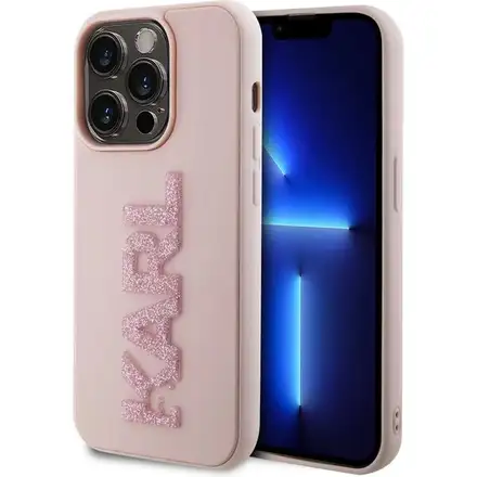 Karl Lagerfeld 3D Rubber Glitter Logo Karl kryt iPhone 15 Max Pro růžový