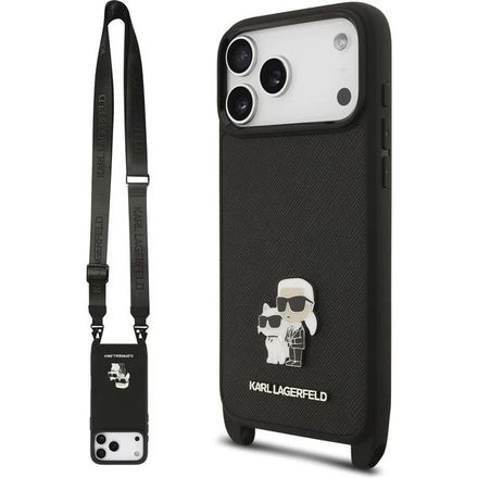 Karl Lagerfeld Saffiano Crossbody Popruh Metal Karl and Choupette kryt iPhone 17 Pro černý