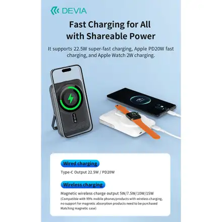 Devia powerbank Extreme Speed   Series Magnetic with Bracket 10.000 mAh 22.5W-Gray