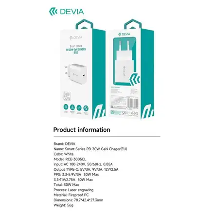 Devia síťová nabíječka Smart series PD Quick Charger 30W - White