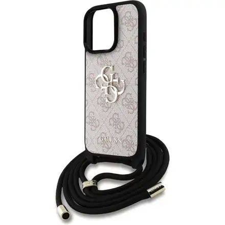 Guess PU 4G Metal Logo Crossbody Popruh kryt iPhone 15 Pro růžový