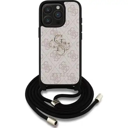 Guess PU 4G Metal Logo Crossbody Popruh kryt iPhone 15 Pro růžový