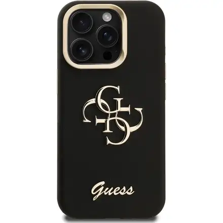 Guess PU Grained 4G Logo Stand Camera Frame kryt iPhone 15 Pro černý