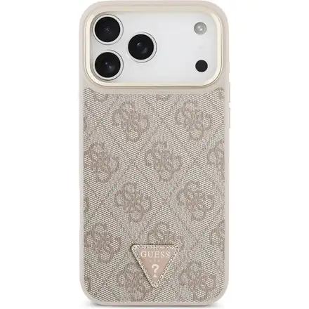 Guess PU Leather 4G Strass Triangle Logo Gold Frame MagSafe kryt iPhone 17 Pro Max růžový