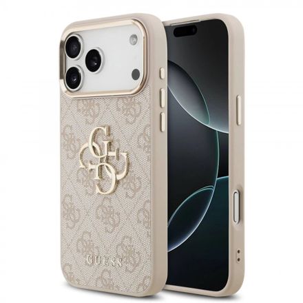Guess PU Leather 4G Metal Logo Gold Frame kryt iPhone 17 Pro růžový