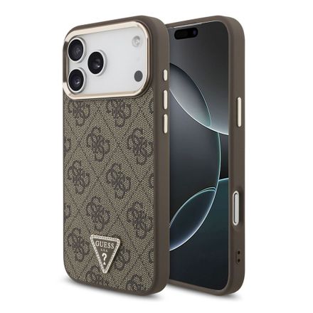 Guess PU Leather 4G Strass Triangle Logo Gold Frame MagSafe kryt iPhone 18 Pro Max hnědý