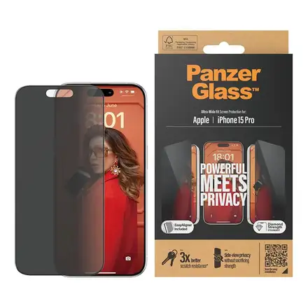 PanzerGlass ochranné sklo UWF Privacy pro iPhone 15 Pro - Black Frame