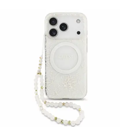 Guess IML Flowers Allover Strap MagSafe kryt iPhone 18 Pro bílý