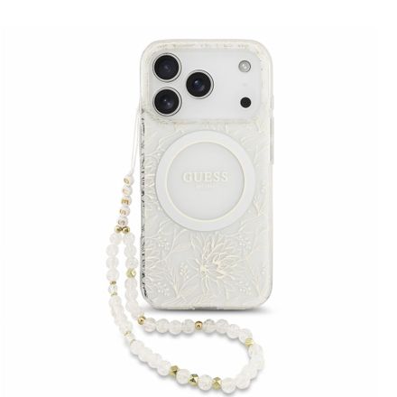 Guess IML Flowers Allover Strap MagSafe kryt iPhone 18 Pro bílý