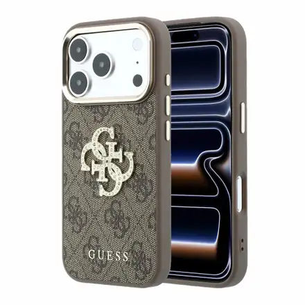 Guess PU 4G Strass Metal Logo kryt iPhone 18 Pro Max hnědý