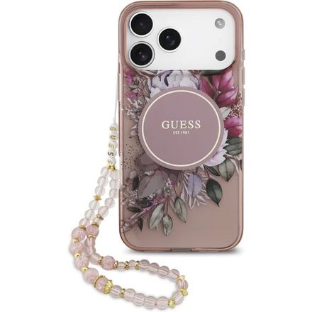 Guess IML Flowers Strap MagSafe kryt iPhone 17 Pro růžový