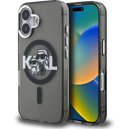 Karl Lagerfeld IML Glitter Karl and Choupette Sketch MagSafe kryt iPhone 16 černý