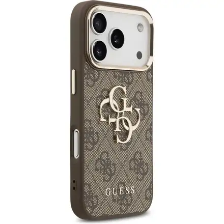 Guess PU Leather 4G Metal Logo Gold Frame kryt iPhone 17 Pro Max hnědý
