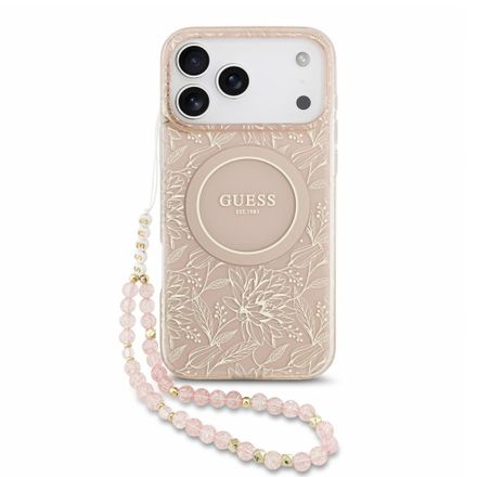 Guess IML Flowers Allover Strap MagSafe kryt iPhone 18 Pro Max růžový