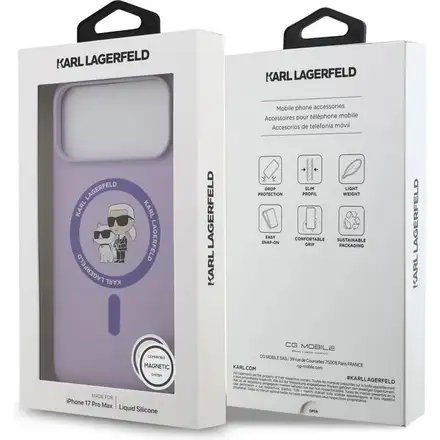 Karl Lagerfeld Liquid Silicone Karl a Choupette MagSafe kryt iPhone 17 Pro Max fialový