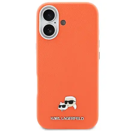 Karl Lagerfeld PU Karl and Choupette Heads Pins MagSafe kryt iPhone 17 oranžový